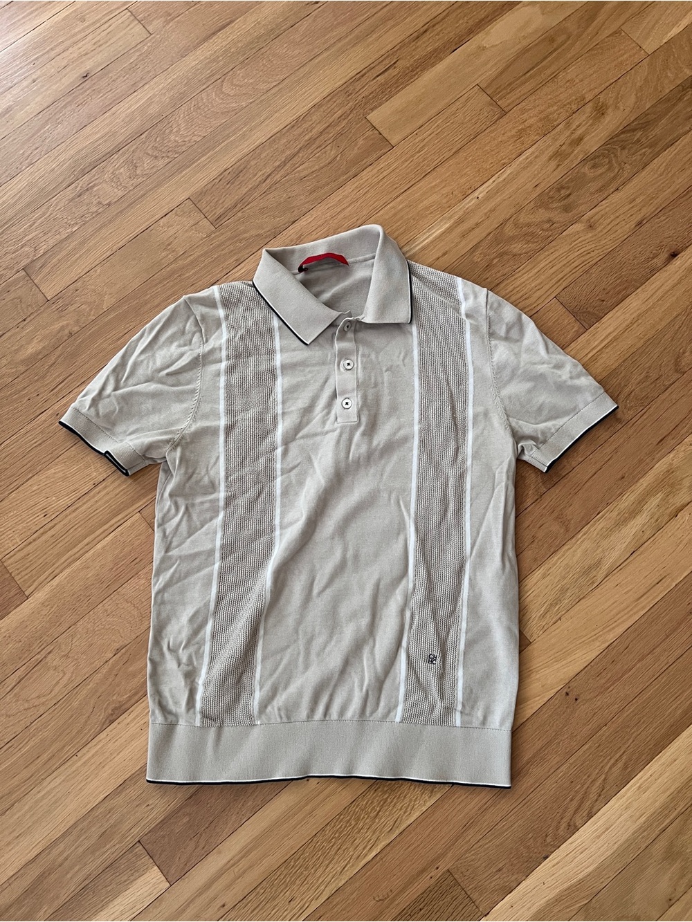 Carolina Herrera Men's Light Beige Polo with Subtle Vertical Texture